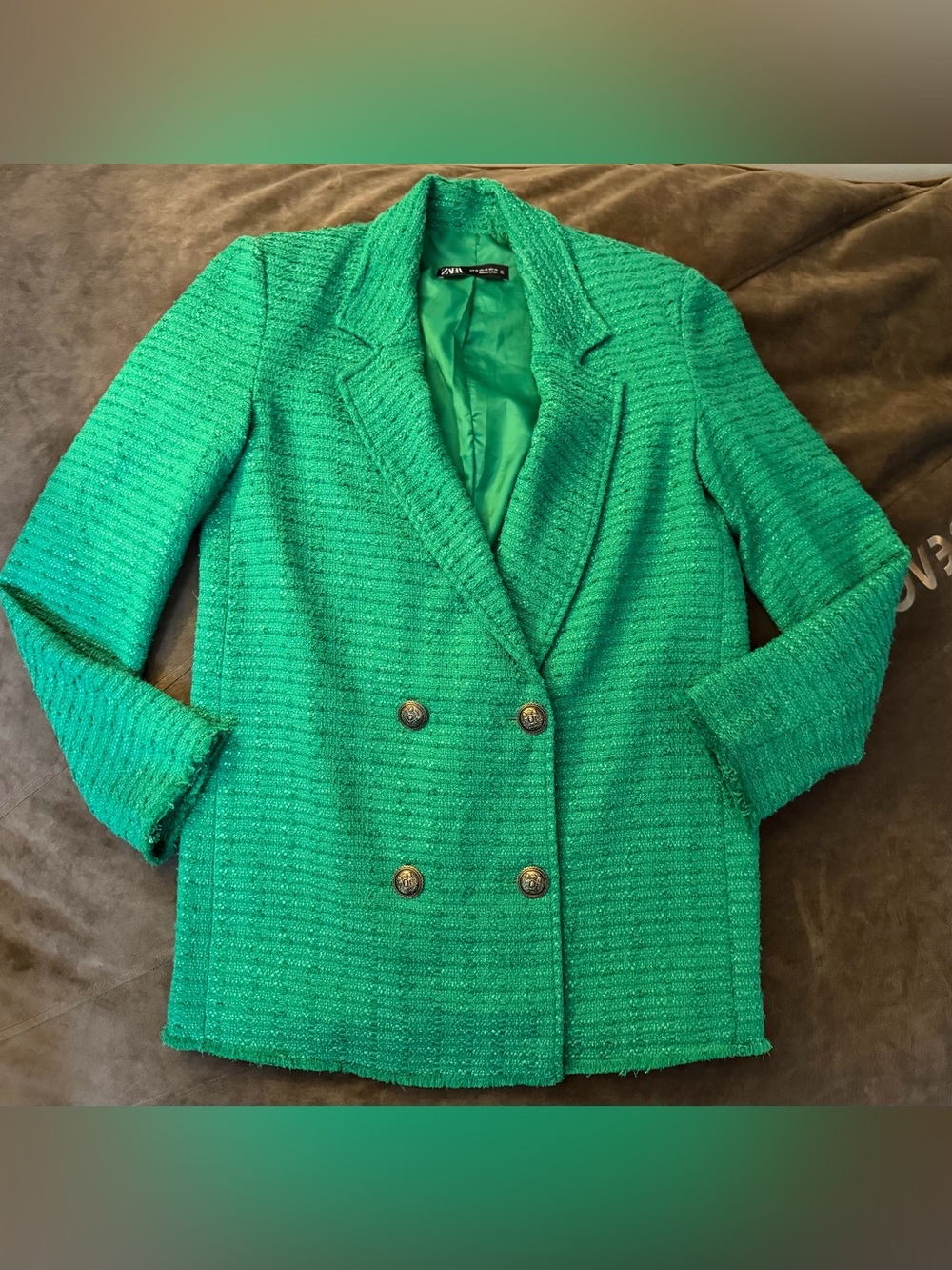 Zara Emerald Green Double-Breasted Tweed Blazer